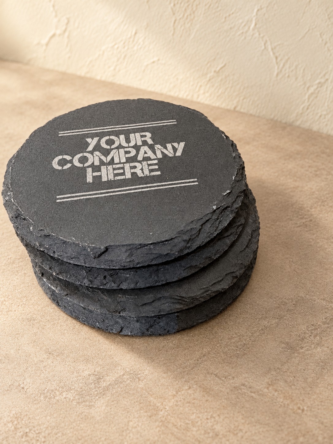 Company slate coasters — completed Clifton piece, digitally restyled background
