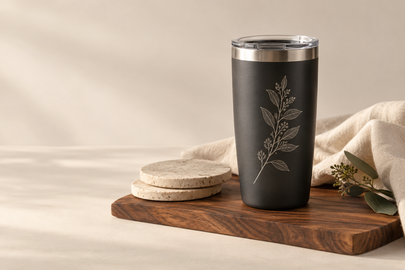 Botanical engraved charcoal tumbler, stone coasters and walnut wood — concept photography